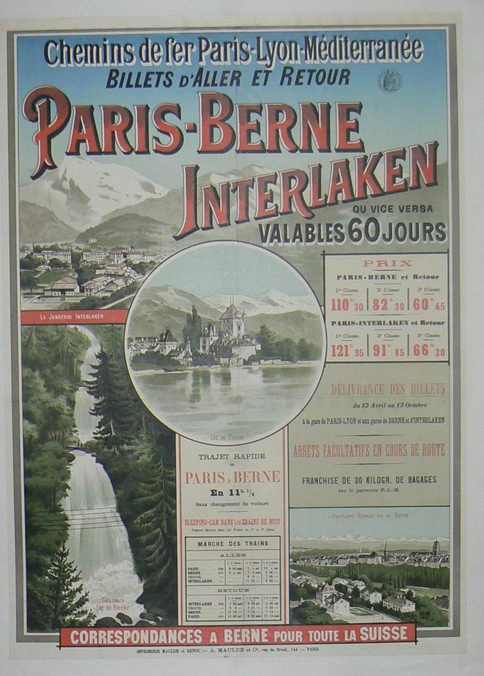PARIS   BERNE    INTERLAKEN, Lithographie originale, 1891