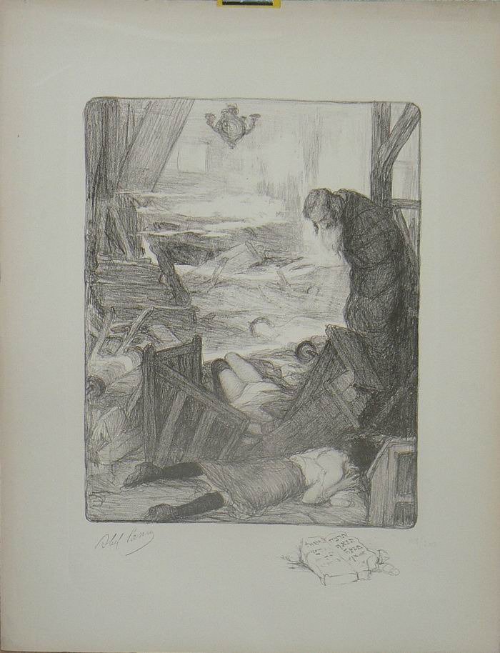 La synagogue détruite, Lithographie originale – Abel Pann