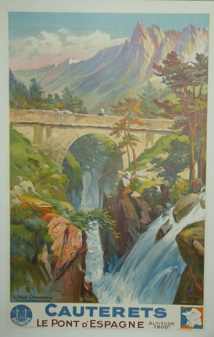Cauterets Le pont de l'Espagne, Lithographie originale, Paul Champseix, 1937