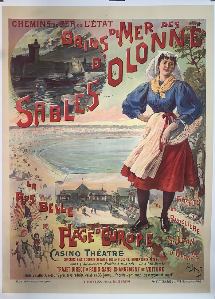 Sables d'Olonne Sea baths, Original lithograph, Janos, circa 1900